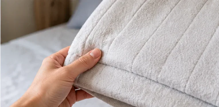 A hand inspecting the fabric and stitched channels of a fully dried heated blanket before the controller is reconnected