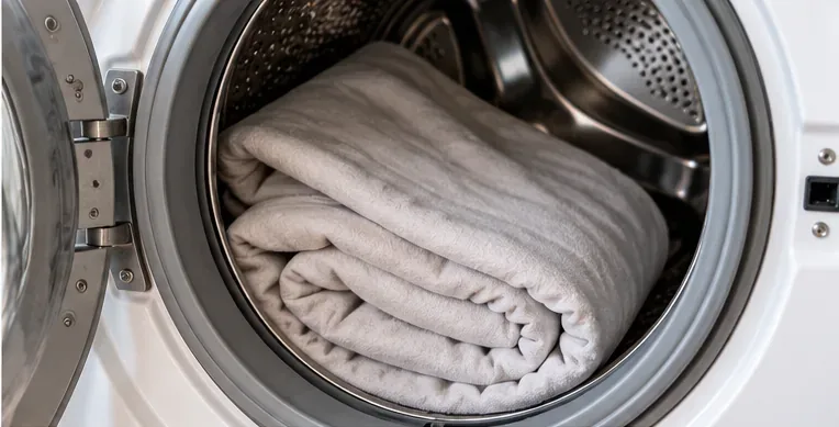 A light-colored electric blanket placed by itself inside a front-loading washing machine after its controller has been removed