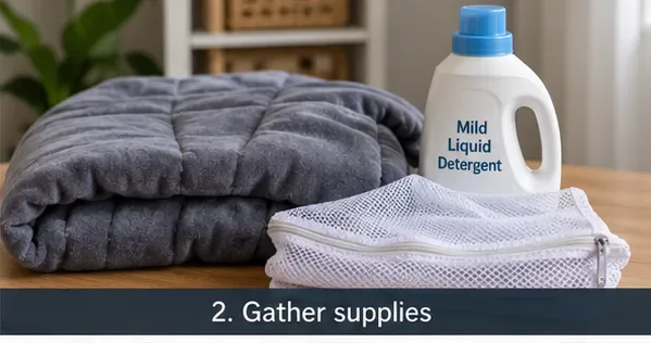 Gray weighted blanket beside mild liquid detergent and a zippered laundry bag on a table.