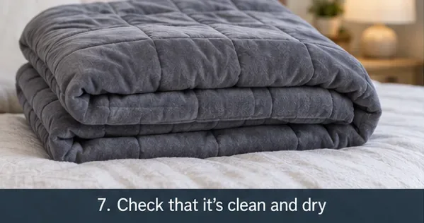 Clean gray weighted blanket folded on a bed after drying.