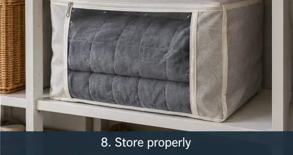 Folded gray weighted blanket stored in a breathable zippered fabric case on a shelf.