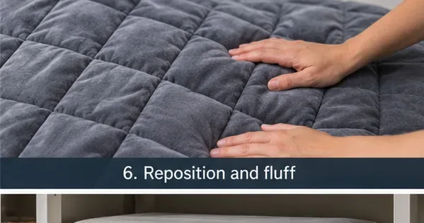 Hands smoothing and redistributing the quilted sections of a gray weighted blanket laid flat.