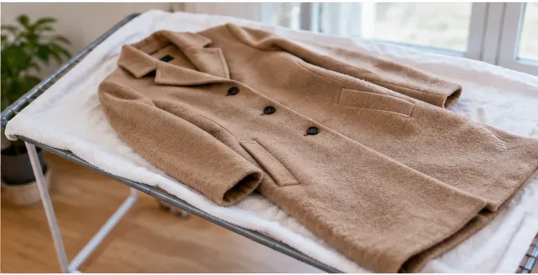 A camel wool coat laid flat and neatly reshaped on a clean white towel over a drying rack