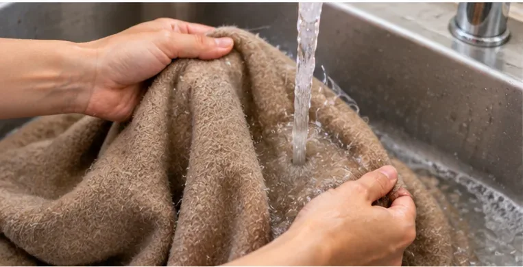 Hands rinsing a camel wool coat under clean water over a sink while supporting the wet fabric