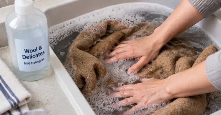 Hands gently pressing a camel wool coat in a basin of sudsy water beside a bottle labeled for wool and delicates