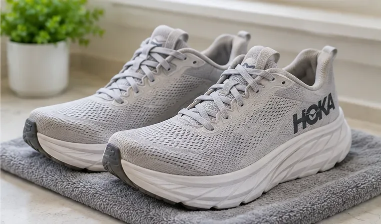 A pair of clean light gray HOKA running shoes fully reassembled and resting on a towel indoors
