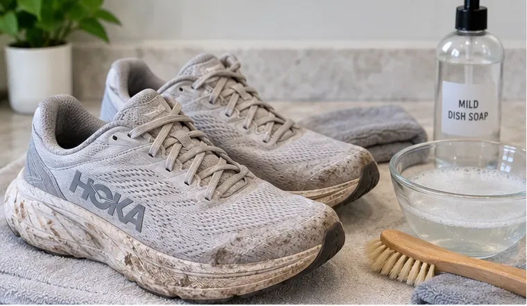 Dirty light-colored HOKA running shoes beside a bowl of soapy water, mild dish soap, towels, and a soft brush