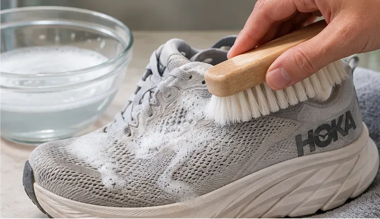 Close-up of a soft brush cleaning soapy mesh on a light gray HOKA running shoe next to a bowl of cleaning solution
