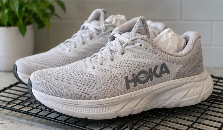 Clean light-colored HOKA sneakers air drying on a rack with absorbent paper placed inside the shoes