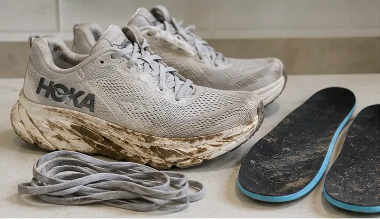 Mud-stained HOKA sneakers shown with their laces and removable insoles taken out on a counter