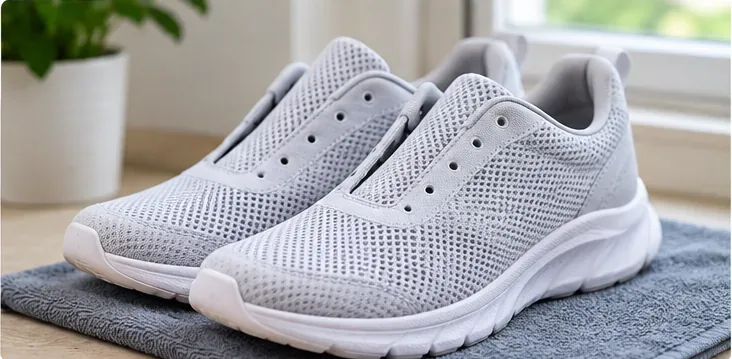 A clean pair of light mesh sneakers air-drying indoors on a towel near a bright window with the laces removed