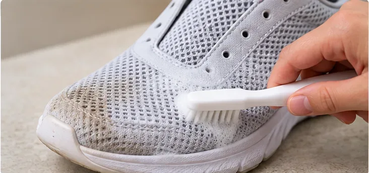 A soft toothbrush gently scrubbing soapy water across the mesh toe area of a light-colored sneaker