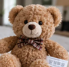 Plush teddy bear with its care tag visible before washing