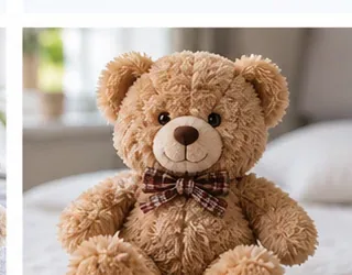 Clean dry teddy bear sitting upright after washing and reshaping