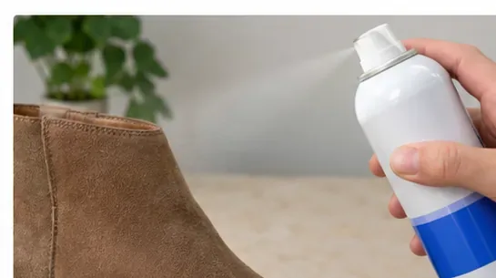 A hand holding a suede protector spray near a clean brown suede ankle boot