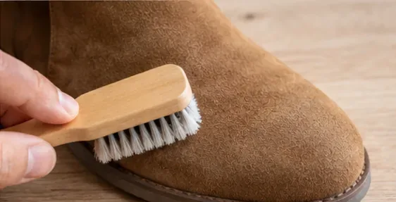 A hand gently brushing the toe of a brown suede boot with a small wooden suede brush
