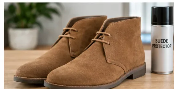 A pair of clean brown suede ankle boots resting on a wooden surface beside a suede protector spray
