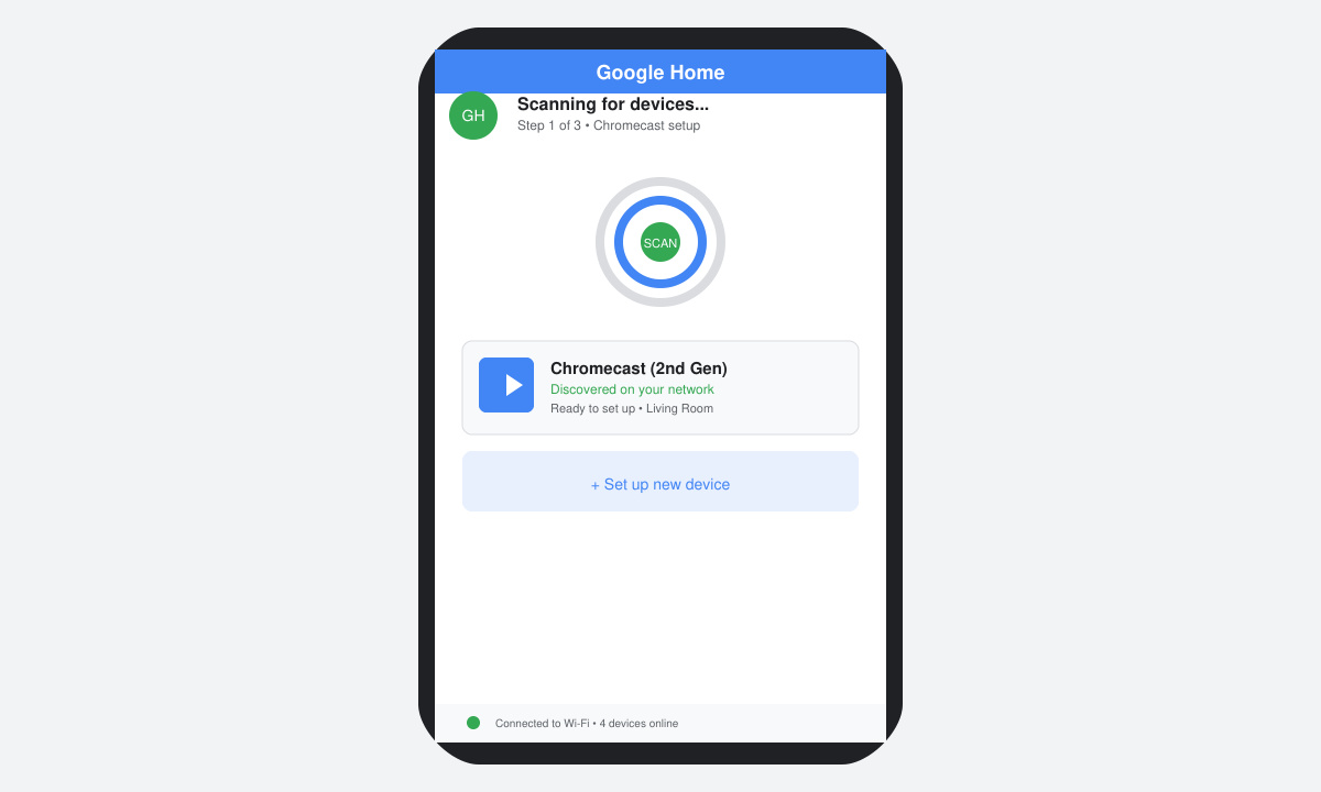 Screenshot of the Google Home app discovering a new Chromecast device during initial setup