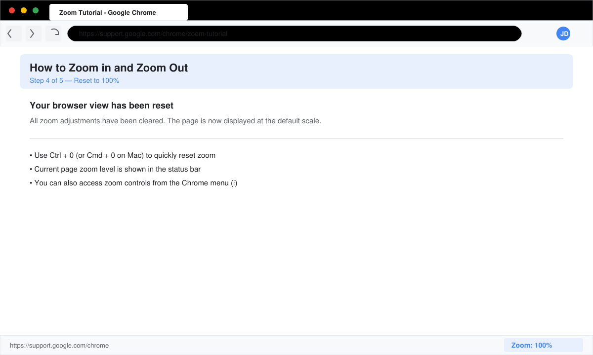 Reset zoom level to 100 percent after adjusting view