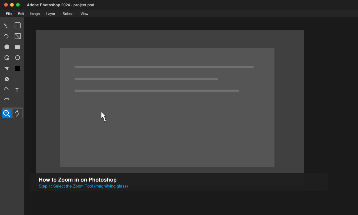 Close-up of Photoshop toolbar highlighting the Zoom tool icon selected