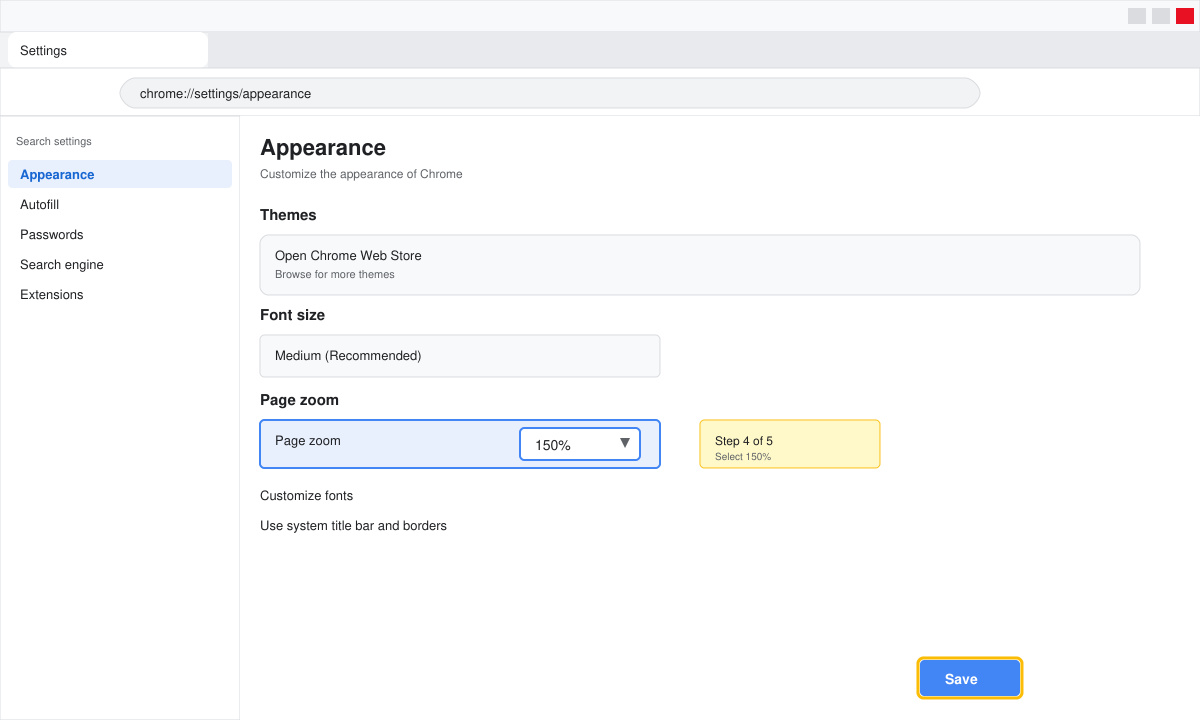 Chrome settings page displaying page zoom options at 150 percent