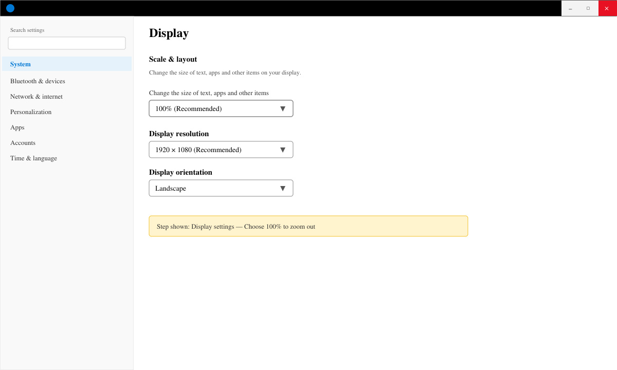 Windows display settings panel open showing scale options at 100 percent