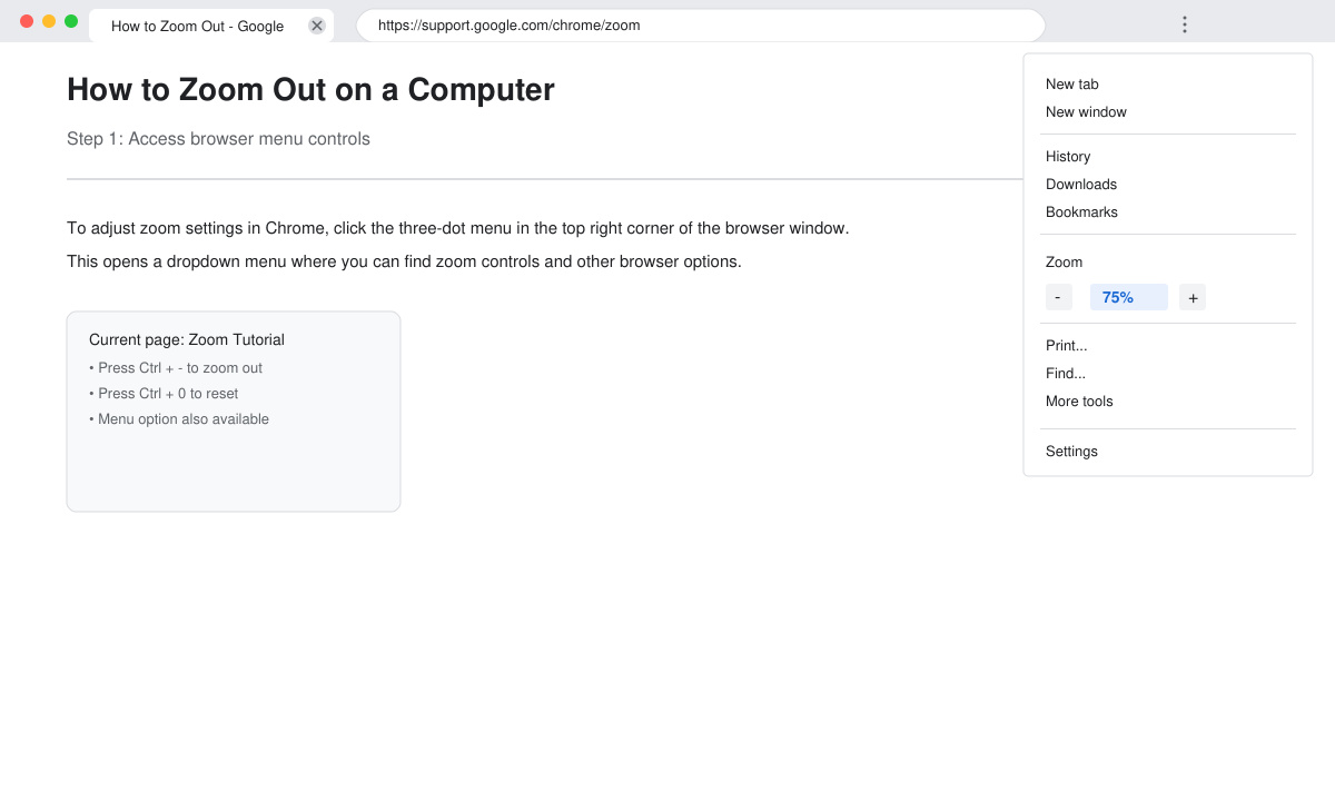 Browser menu open showing zoom controls after zooming out on a computer