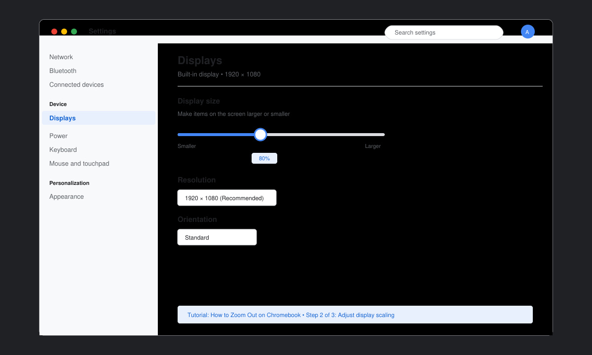 Chrome OS settings screen with the Display size slider moved to a lower percentage