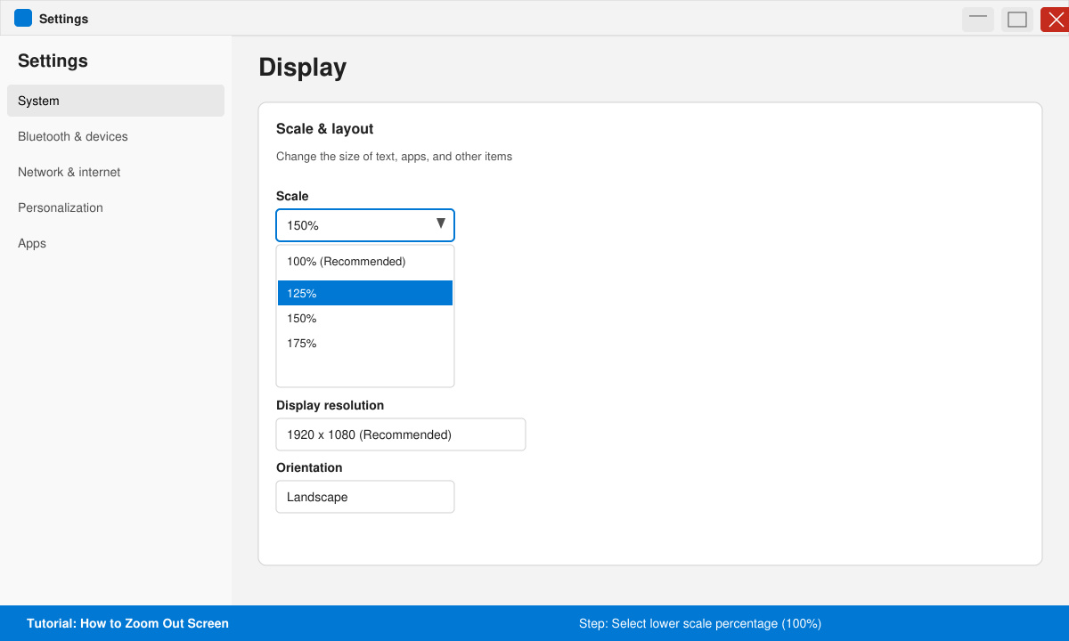 Windows display settings panel for zoom out screen