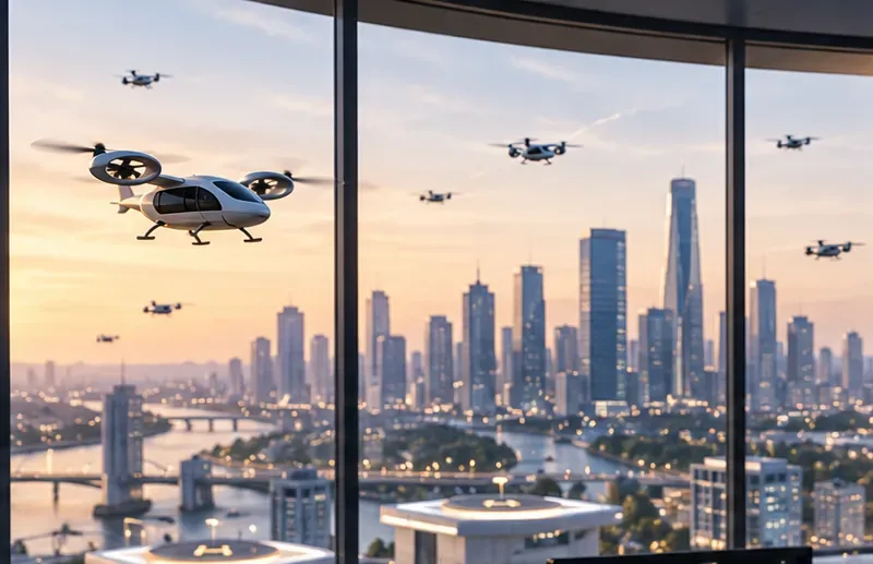 Multiple eVTOL aircraft and drones flying over a dense city skyline with rooftop landing pads