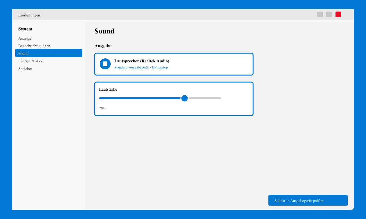 Windows 11 Sound-Einstellungen-Fenster mit markiertem Ausgabe-Gerät und Lautstärkeregler