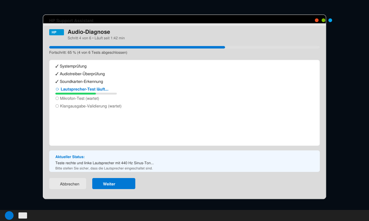 HP Support Assistant Fenster mit laufender Audio-Diagnose auf Windows 11