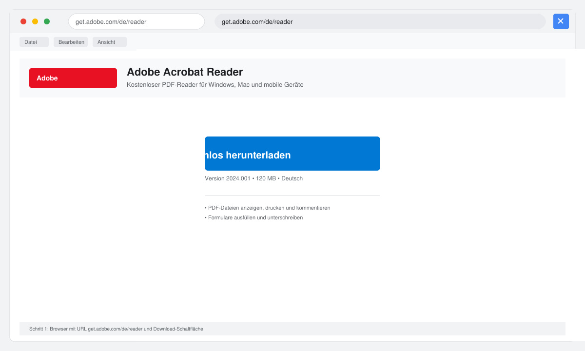 Browser mit eingegebener URL get.adobe.com/de/reader und sichtbarer Download-Schaltfläche