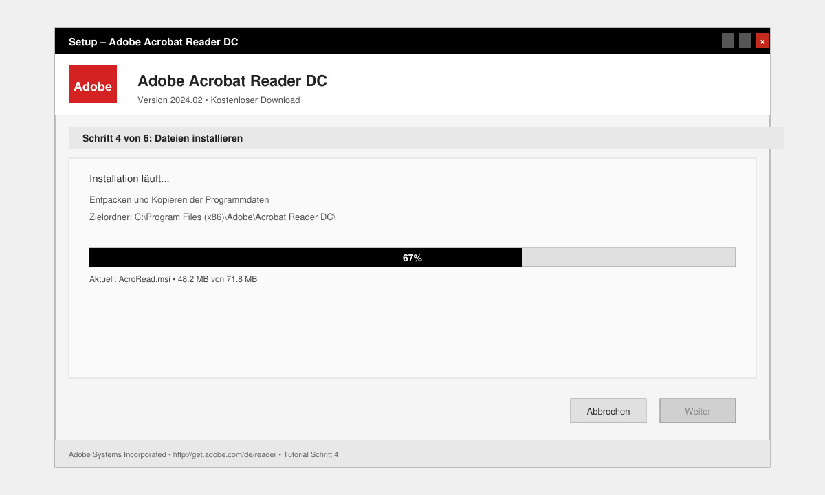Installationsfenster des Adobe Acrobat Reader mit Fortschrittsbalken