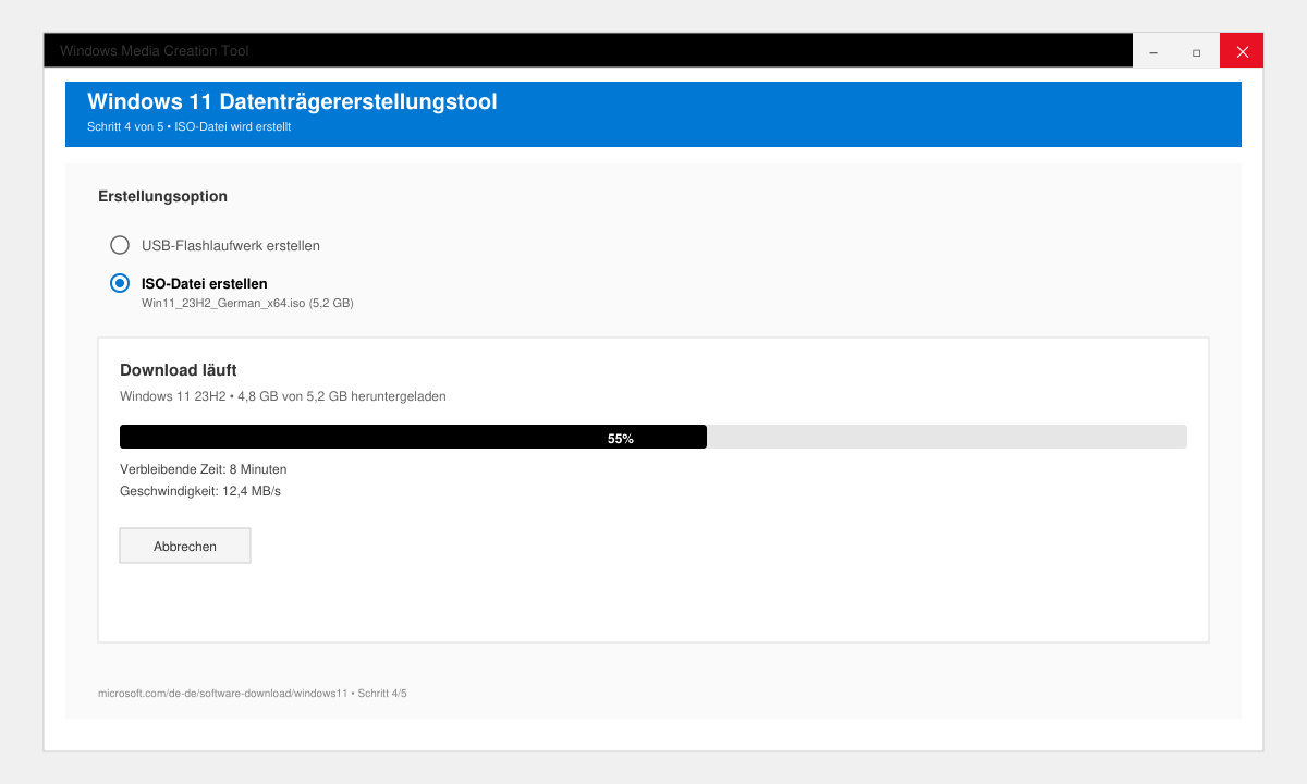 Media Creation Tool mit ausgewählter ISO-Option und Fortschrittsanzeige