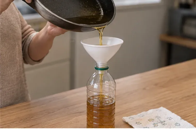 Huile alimentaire refroidie versée à l’aide d’un entonnoir dans une bouteille refermable