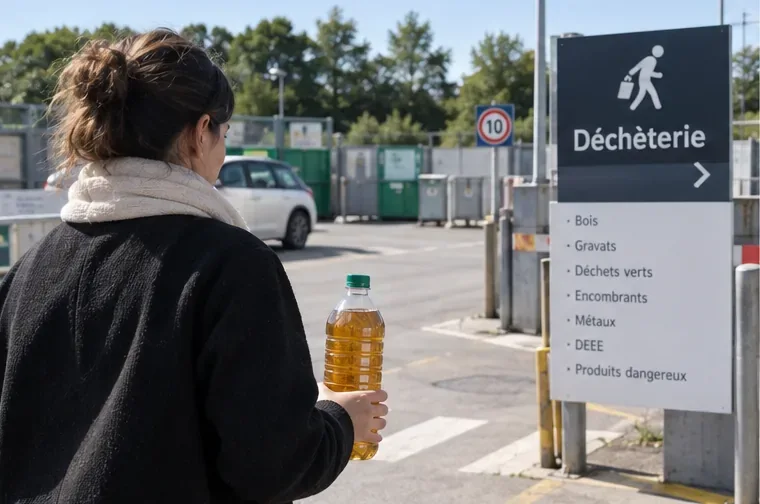 Personne arrivant en déchèterie avec une bouteille fermée contenant de l’huile alimentaire usagée