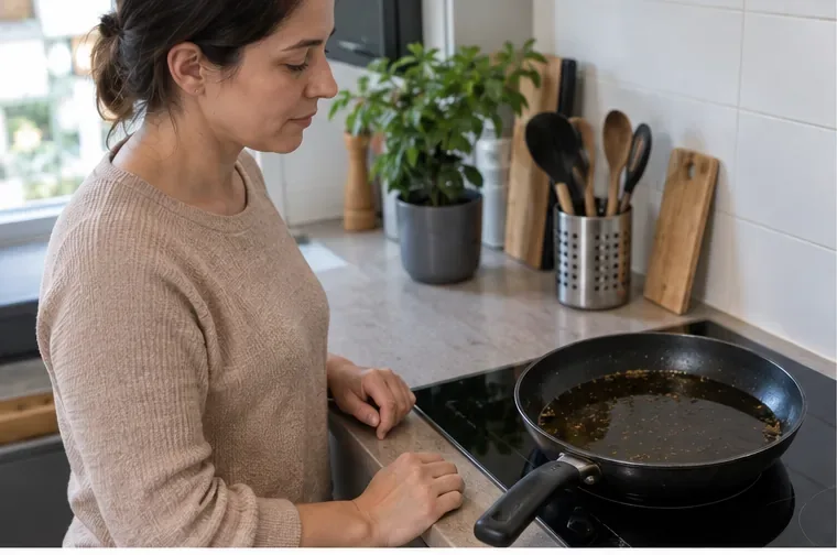 Poêle contenant de l’huile de cuisson usagée laissée à refroidir dans une cuisine