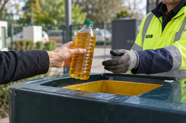 Bouteille fermée d’huile de cuisson présentée à un agent près d’un bac de collecte