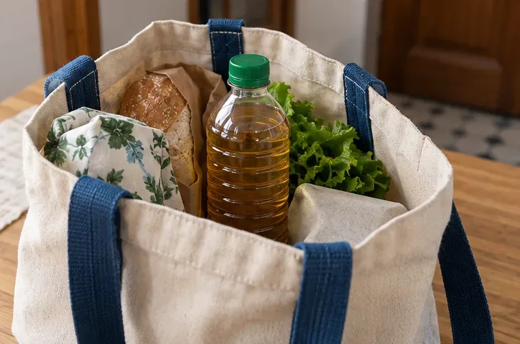 Bouteille plastique fermée contenant de l’huile de cuisson dans un cabas en tissu