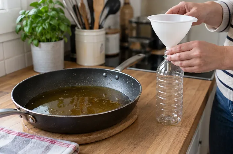 Poêle contenant de l’huile de cuisson et entonnoir placé sur une bouteille vide dans une cuisine