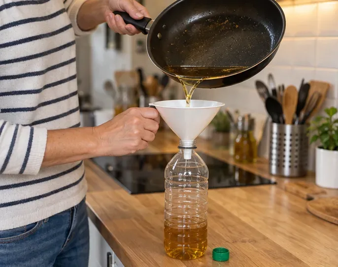 Une personne verse de l’huile de cuisson refroidie d’une poêle dans une bouteille à l’aide d’un entonnoir.