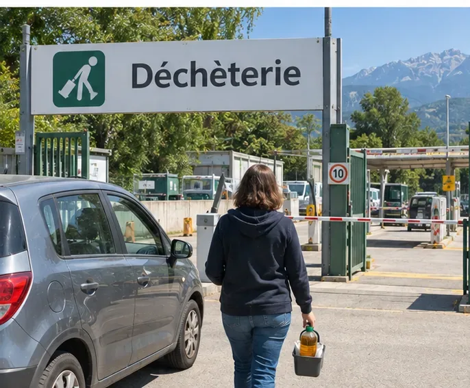 Une personne arrive dans une déchèterie avec une bouteille d’huile de cuisson usagée transportée dans un petit bac.