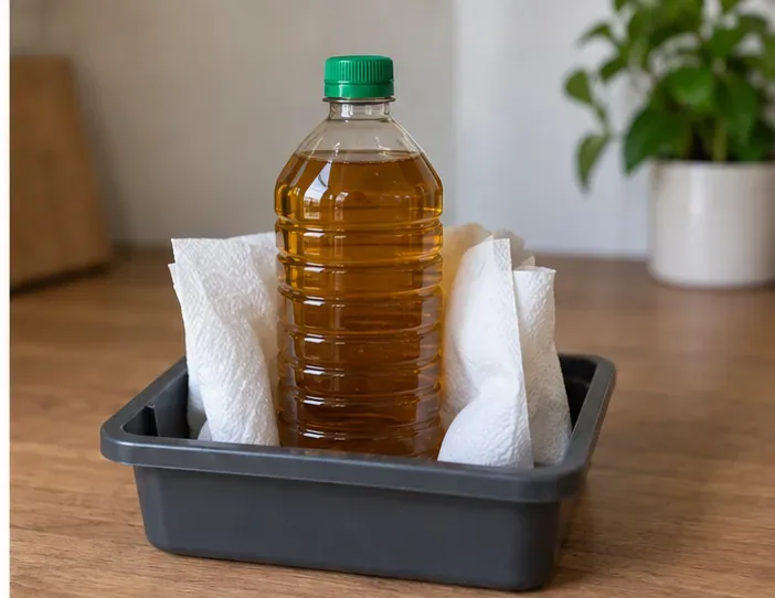 Une bouteille fermée remplie d’huile de cuisson usagée est maintenue droite dans un petit bac avec du papier absorbant autour.