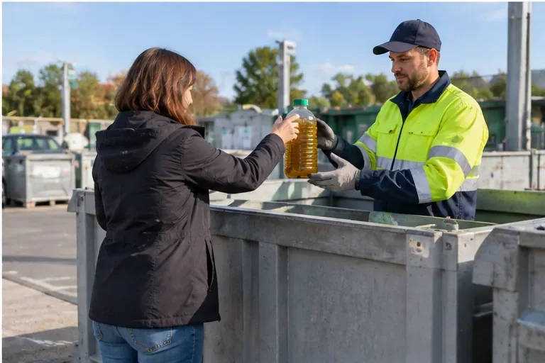 Une habitante remettant une bouteille fermée d'huile alimentaire usagée à un agent sur un site de collecte de déchets