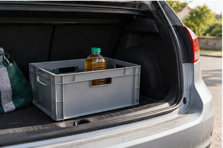 Bouteille fermée contenant de l'huile alimentaire usagée placée debout dans une caisse dans le coffre d'une voiture