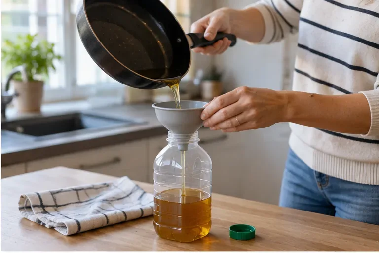 Huile de cuisson refroidie versée à l'aide d'un entonnoir dans une bouteille refermable