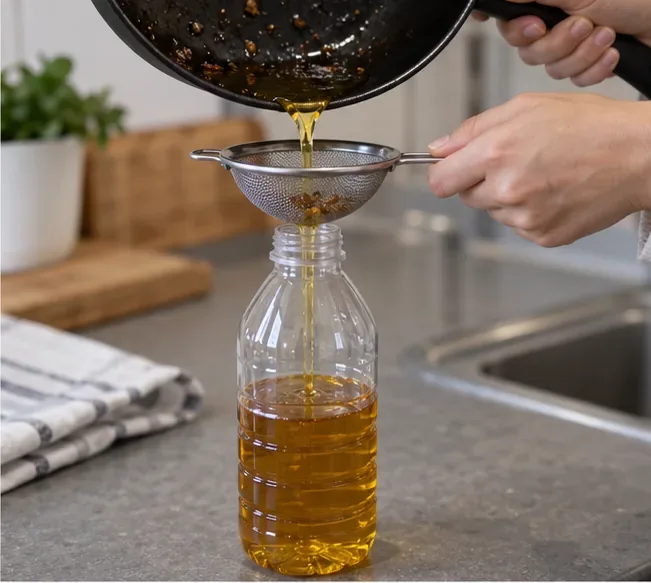 De l’huile de cuisson refroidie est versée à travers une petite passoire dans une bouteille en plastique