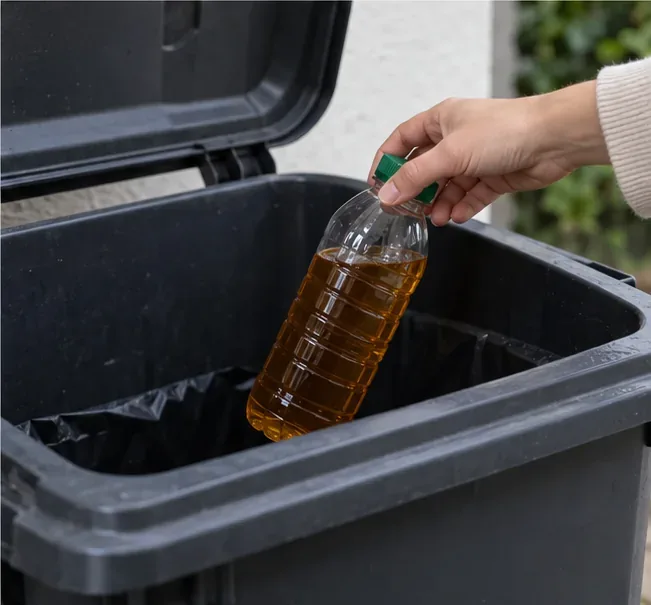 Une bouteille bien fermée est déposée dans un bac gris destiné aux déchets ménagers résiduels