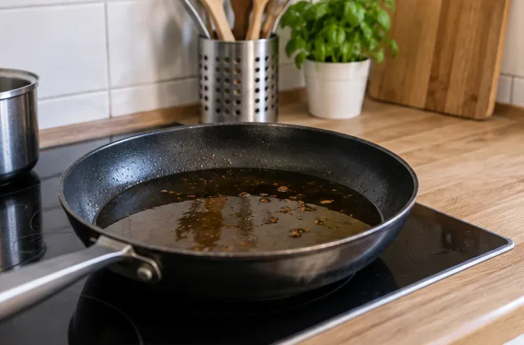 Poêle contenant de l’huile de cuisson usagée laissée à refroidir sur une plaque de cuisine